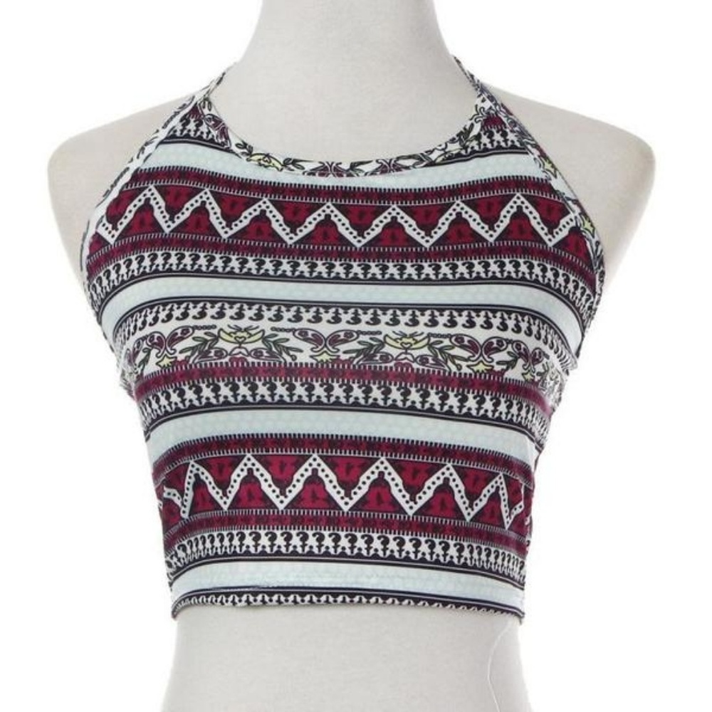 Stretchy Boho Zig Zag Halter Crop Top O/S - Picture 2 of 5